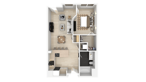 A top-down view of a small apartment layout with a kitchen, living room, and bedrooms.
